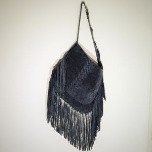 Large Navy Fringed Suede Shoulder Bag Boho Style